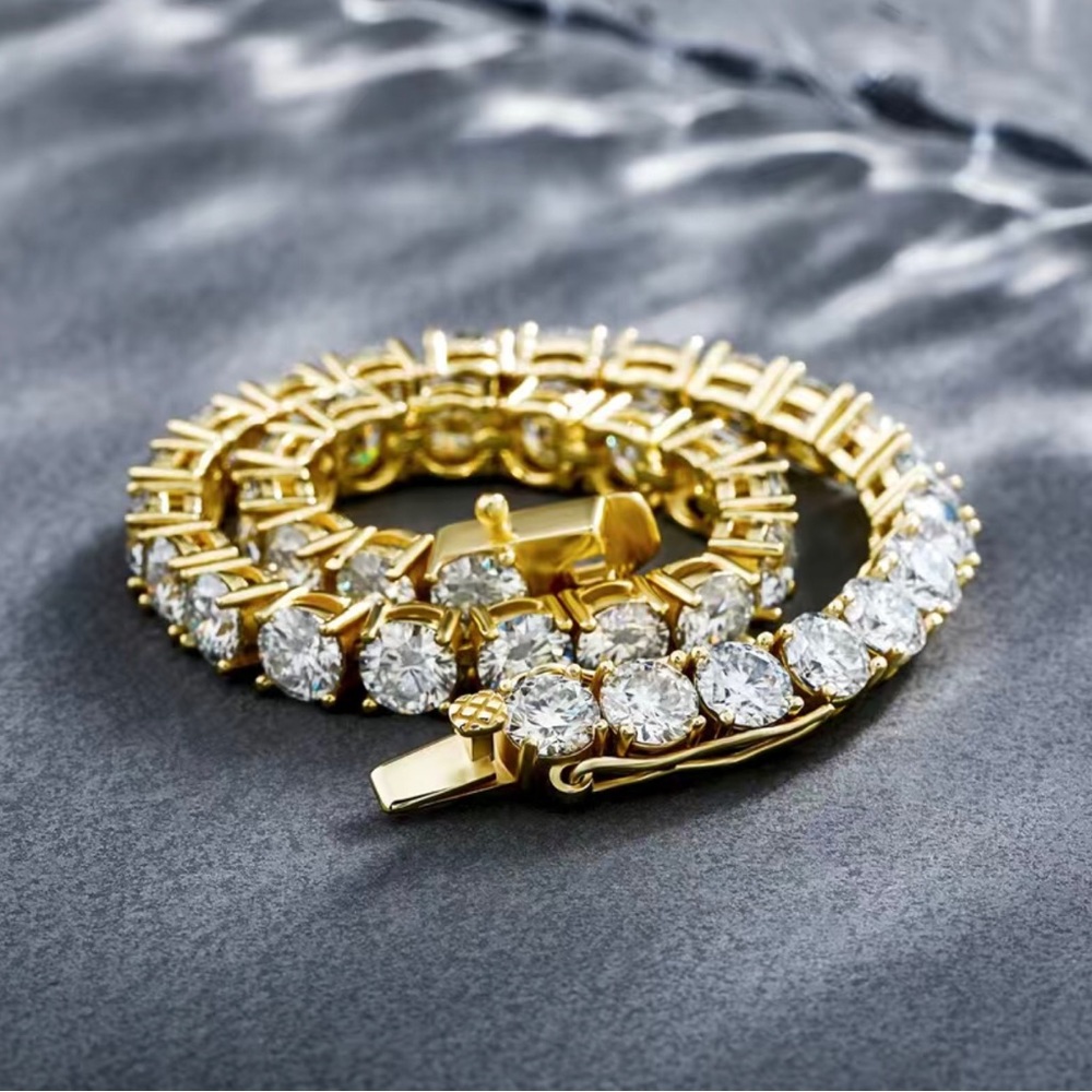 Men’s 5mm round cubic zirconia 14k gold plated setting bracelet 7”